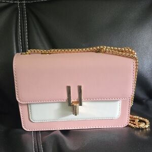 Pink and White Purse with Gold Chain